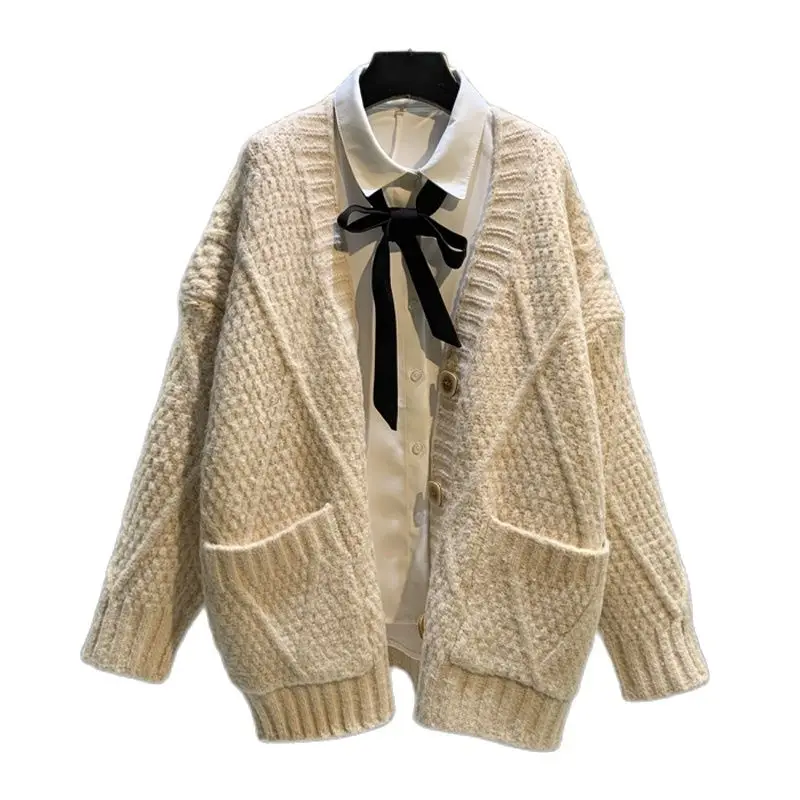 

2021 Spring Clothing New Products Korean-style Loose Flower Color Mid-length Sweater Coat Cardigan Female Rhombus Pocket Sweater