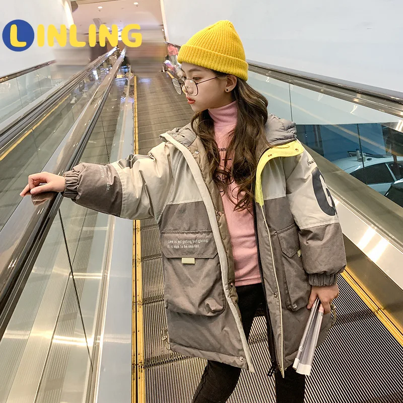 

LINLING Girls' Cotton-padded Winter Clothes 2 Casual Padded Jacket Children's Mid-length Down Cotton-padded Jacket V757