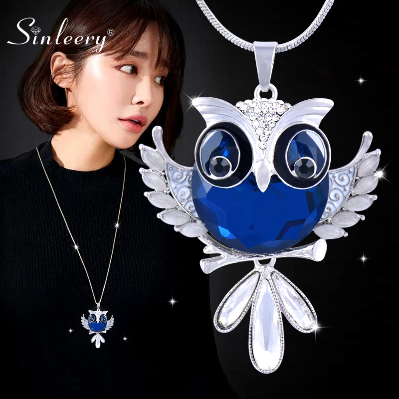 

SINLEERY Adorable Bird Owl Pendant Necklace Silver Color Chain Gray Blue Zircon White Opal Long Women Neckalce Jewelry MY328 SSK