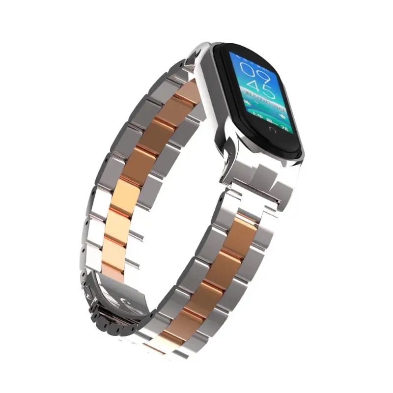 

For Xiaomi Mi Band 5 Strap Stainless Steel Metal Wristbands Solid Three-bead Stainless Steel Strap Band Retro Style Bracelet