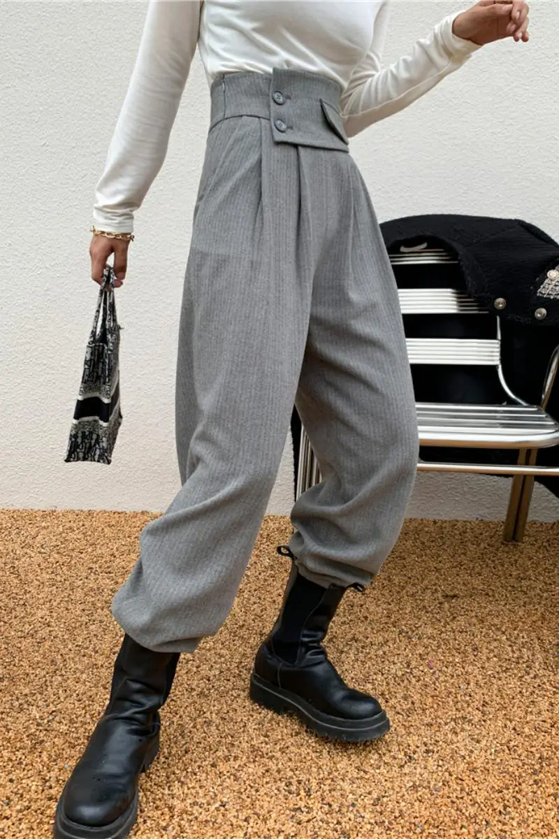 

Asymmetrical New Design Waist Gray Solid Wide-leg Pants Women's Autumn High Waist Mopping Trousers