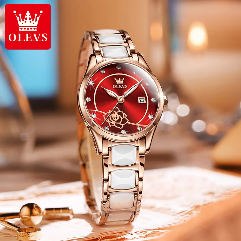 OLEVS Simple Fashion Red Dial Luminous Waterproof Imported Movement Quartz Watch Ladies Stainless Steel Ceramic Watch Calendar