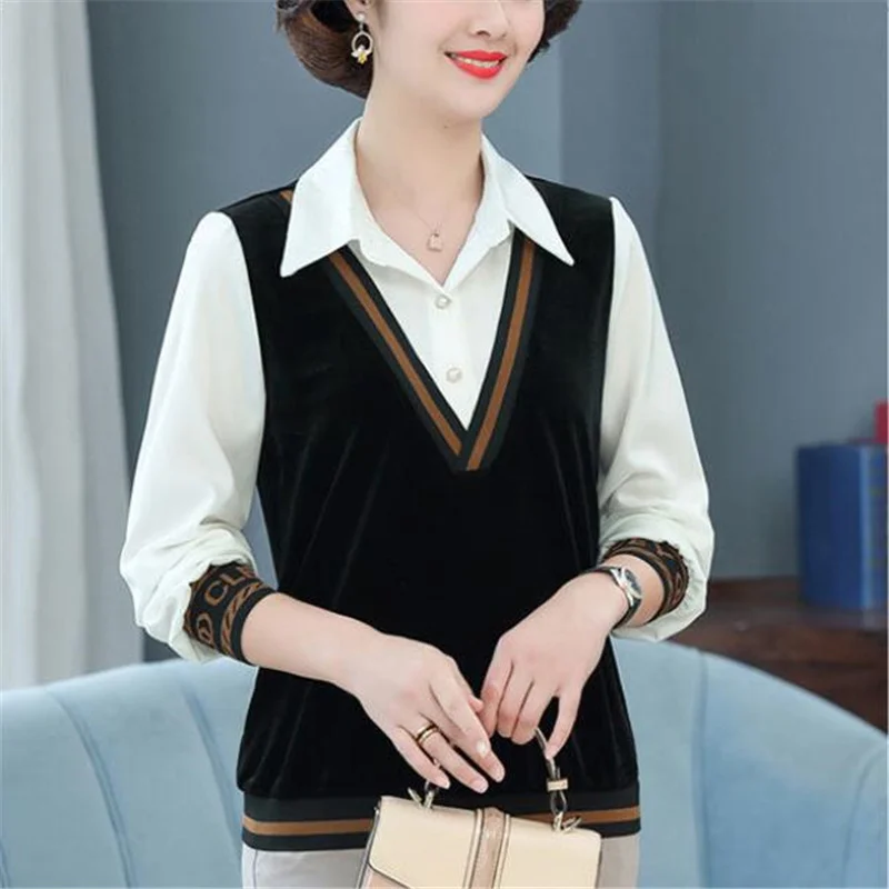 

Fake Two Shirts Cover Belly Tops Women Blouses Lapel long sleeve Loose Femme Blusas Autumn Pullover Cozy Patchwork Casual Shirts