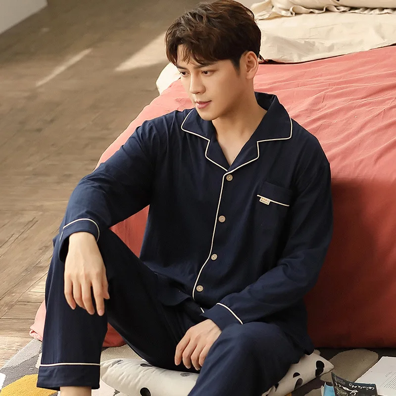 

Cotton Sleep Tops Pants 2 pieces set pijama hombre man Sleepwear spring autumn pajama sets pyjama pijama masculino Freeshipping