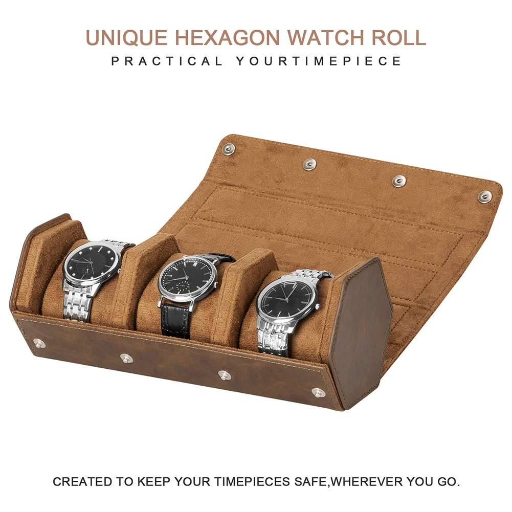 

3 Slots Watch Roll Storage Case Leather Box Portable Vintage Leather Display Watch Storage Box Hexagonal Watch Roll Storage Case