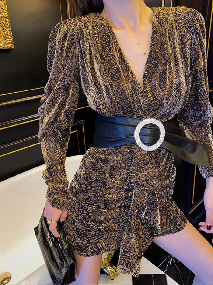 

Winter Women's Leopard Print Sequins Sexy Pleated Dress 2020New Women's Long Sleeve Irregular Fashion Party Puff Skirt Bing XL