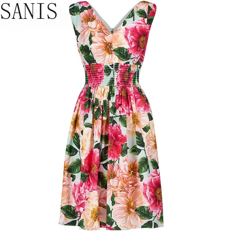 

Sanis Fashion Designer Female dress Summer Women's Cotton Dress V-neck Camellia Floral-Print Elastic waist Cotton Dresses