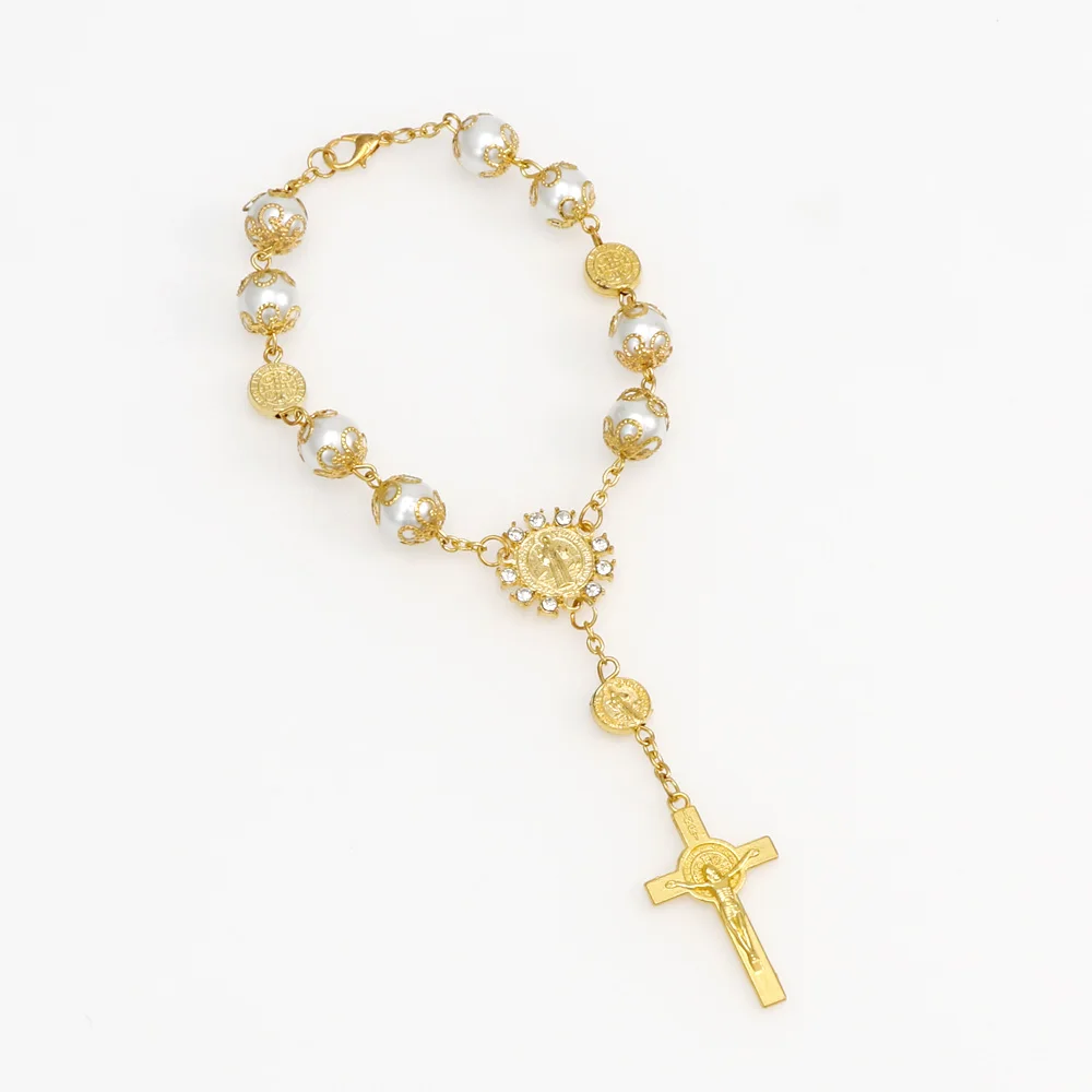 

Gold Catholic Religious Bead Cross Bracelets Rosary Centerpiece Sacred Heart of Mary Guadalupe Divine Mercy Jesus Saint Icons
