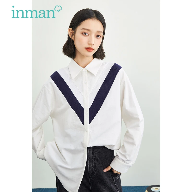 

INMAN Women's Shirt Autumn Winter Loose Top Casual Pointed Collar Splicing Design All-Match Long Sleeve Cotton Blouse