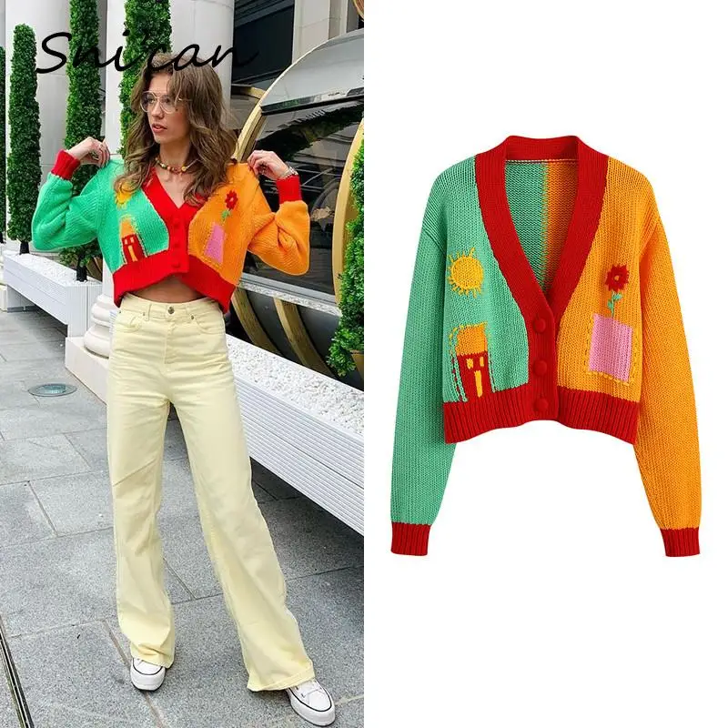 

Женский трикотажный укороченный свитер Za, зелено-оранжевый Кардиган с длинным рукавом и V-образным вырезом, с принтом Солнца и Луны, 2021