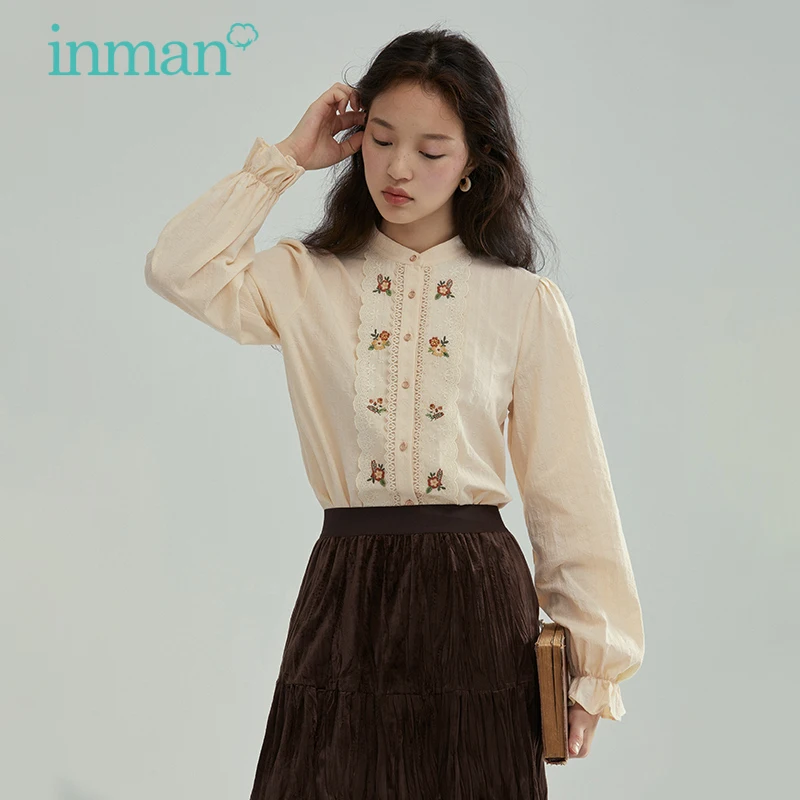 

INMAN Elegant Aesthetic Blouse Women Lace Joint Flower Embroidery Flare Sleeve Sweet Cute Lady Stand Collar Cotton Shirt