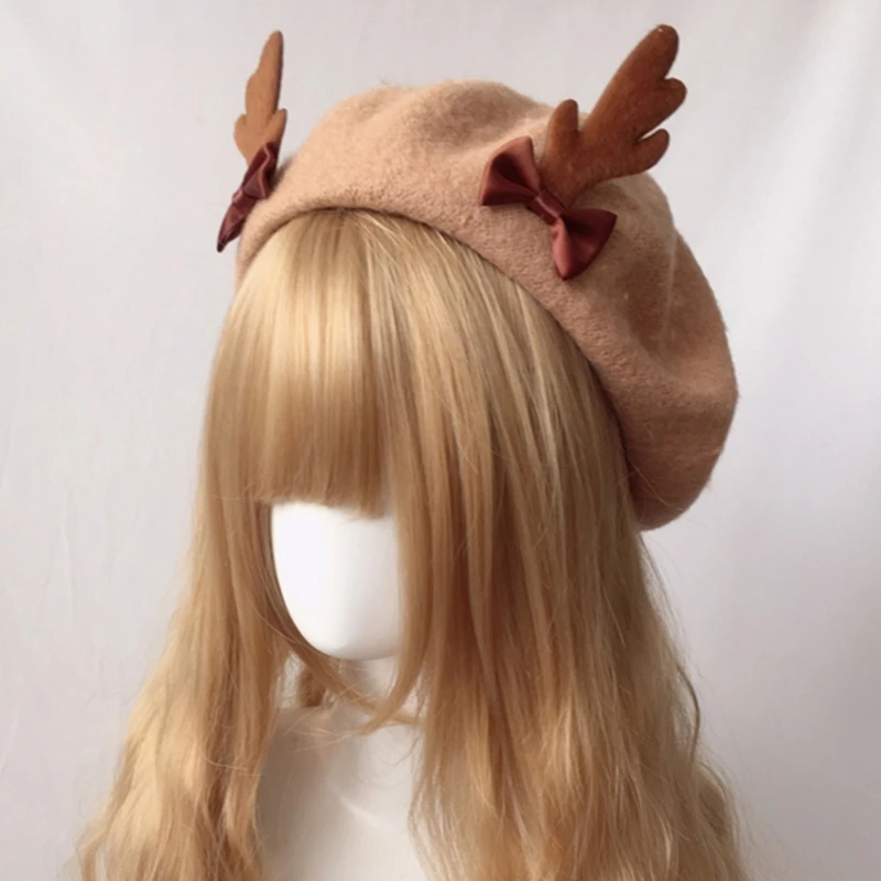 

Fashion Girl Antler Beret Wool Painter Hat Vintage Cute Deer Antlers Biscuits Beret for Girl Women Costume Headwear