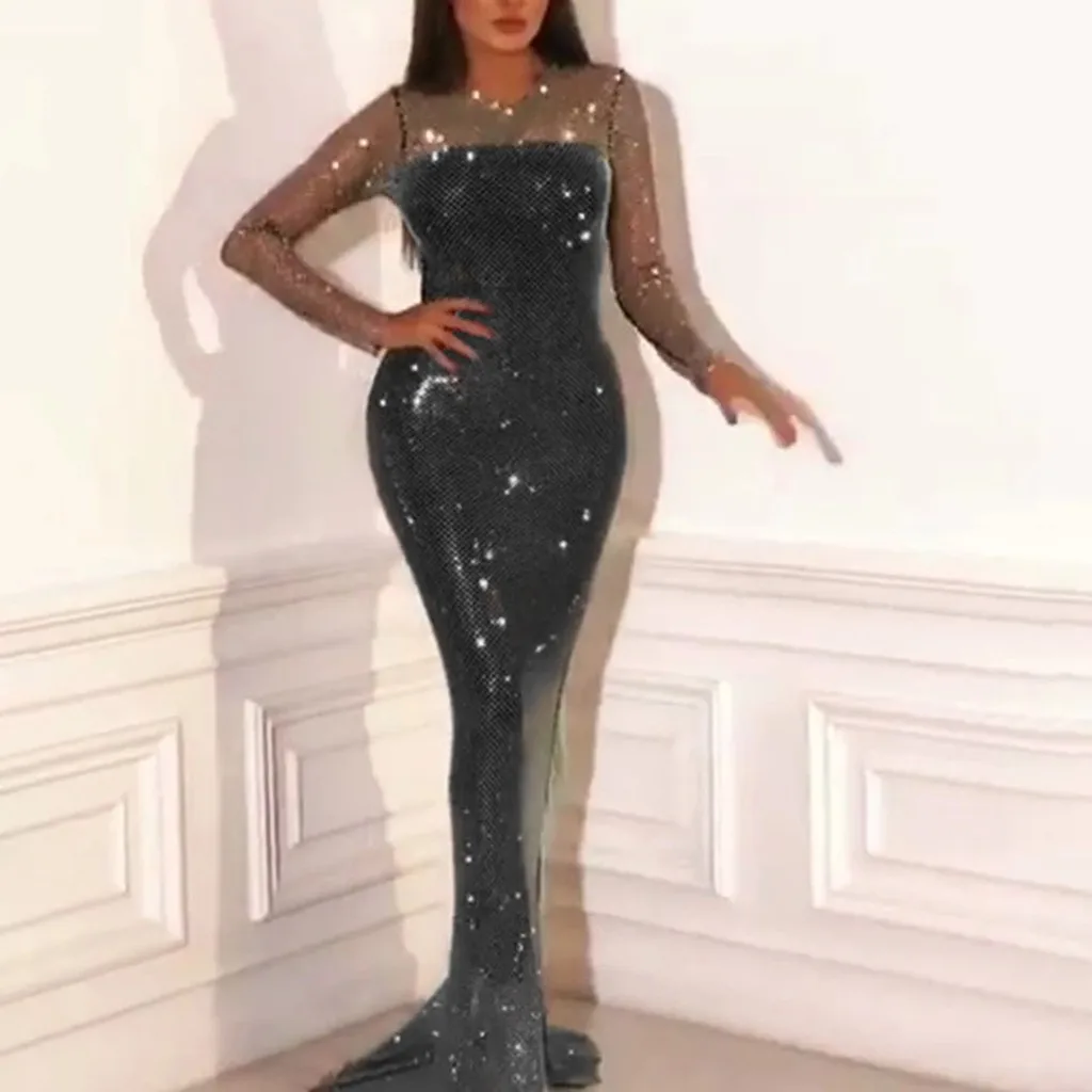 Женское платье с длинным рукавом однотонное блестящее Сетчатое русалка вечернее