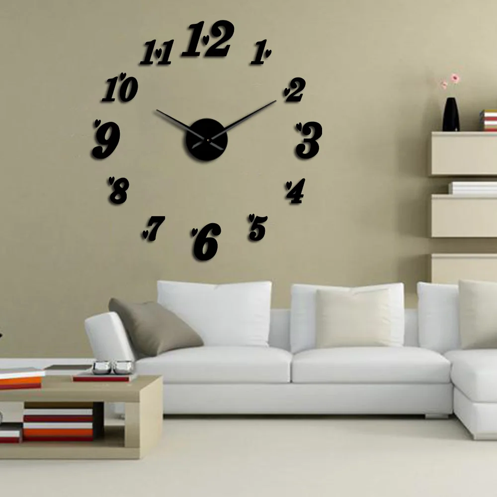 DIY Big Wall Clock Acrylic Mirror Effect Arabia Numbers With Heart Stickers Cool Art Watch Living Room Decor | Дом и сад