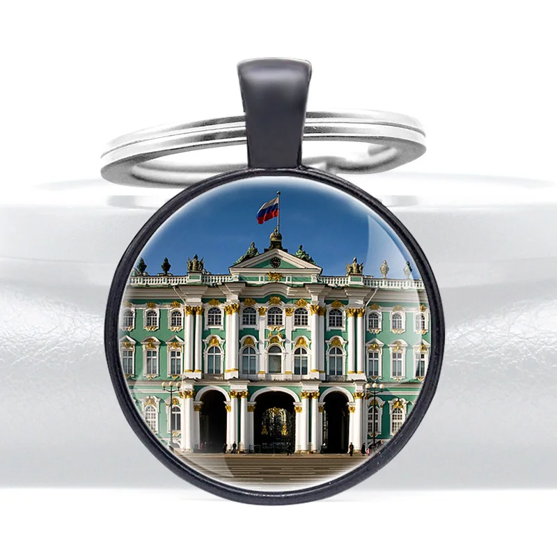 

Fashion Russian Architecture Winter Palace Cathedral Glass Cabochon Metal Pendant Key Chain Key Ring Decoration Jewelry Gift