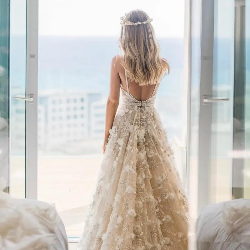 Пляжное свадебное платье с глубоким v-образным вырезом es, кружевное 3D цветочное свадебное платье с аппликацией из бисера, сексуальное свадебное платье трапециевидной формы