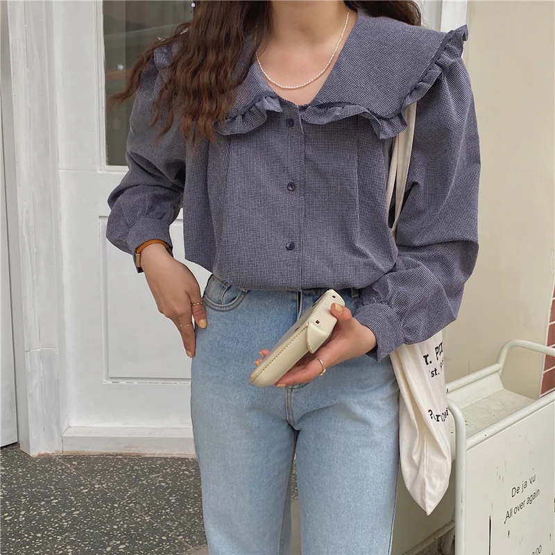 

Comelsexy Spring Sweet Peter Pan Collar 2021 Plaid Blouse Edible Tree Fungus Loose Tops Lady Vintage Full Sleeves Shirts
