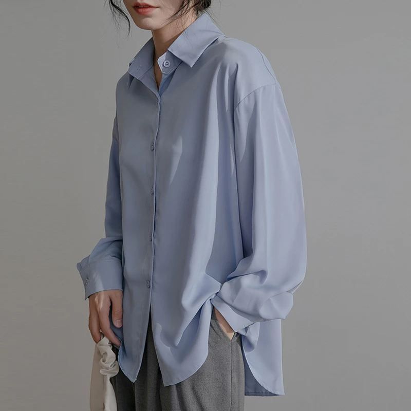 

White Shirt Women's Chiffon Elegant Drape 2021 New Long Sleeve Design Sense Niche Top Haze Blue Shirt