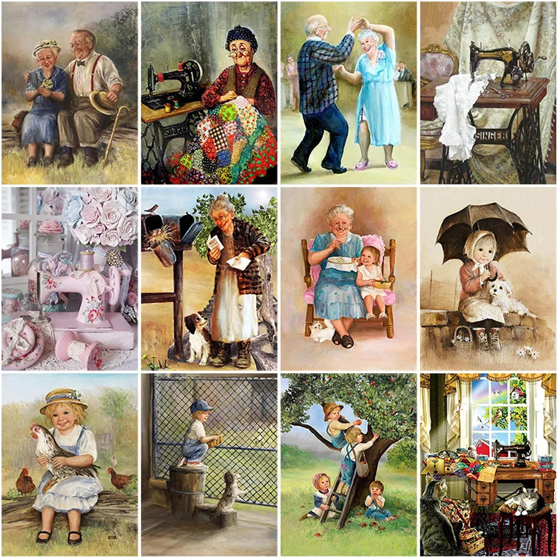

DIY 5D Diamond Painting Old Couple Sewing Machine Full Round Rhinestone Diamond Embroidery Cross Stitch Cartoon Mosaic Decor