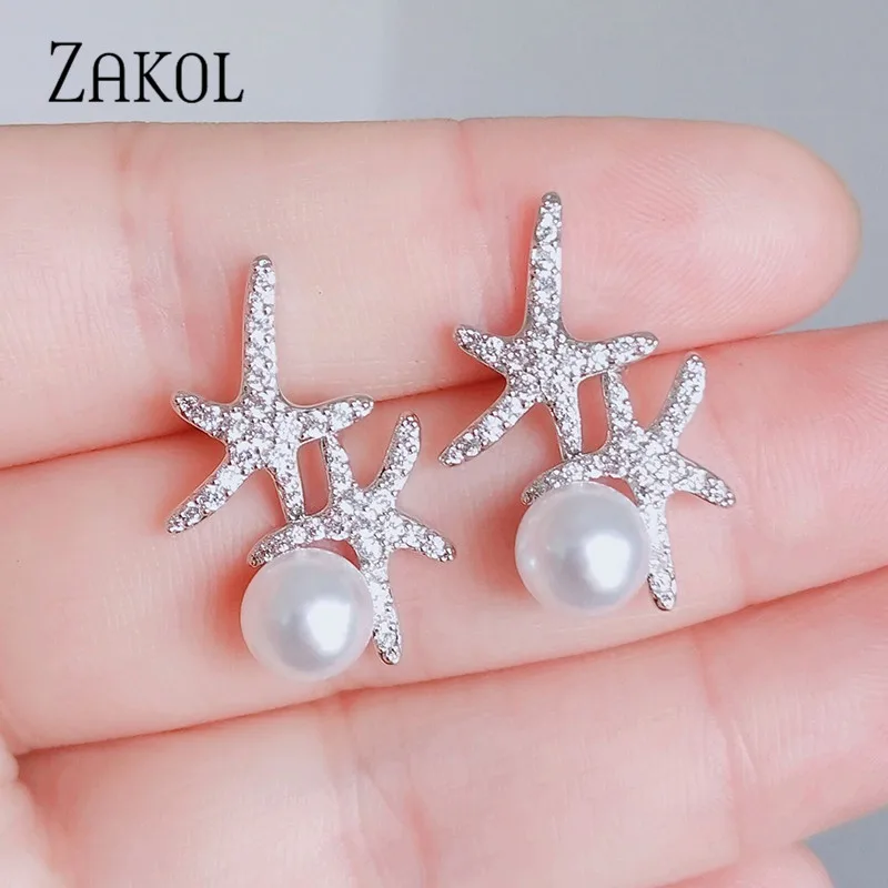 ZAKOL Новое поступление модные циркониевые серьги гвоздики с жемчугом в виде