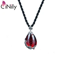cinily large natural stone necklaces pendants solid silver plated oval red garnet black thread vintage woman jewelry