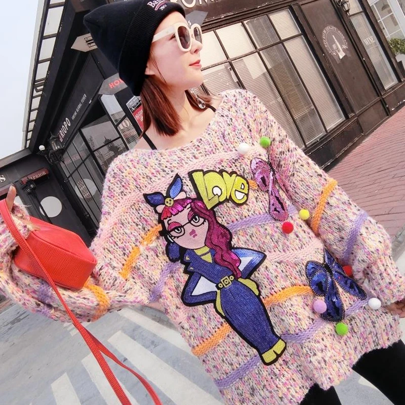 

2021 Fashion Sweater Mid-length Loose Woman Free Shipping Real Shot Sequins Color Striped Wool Ball Women Long Sleeves
