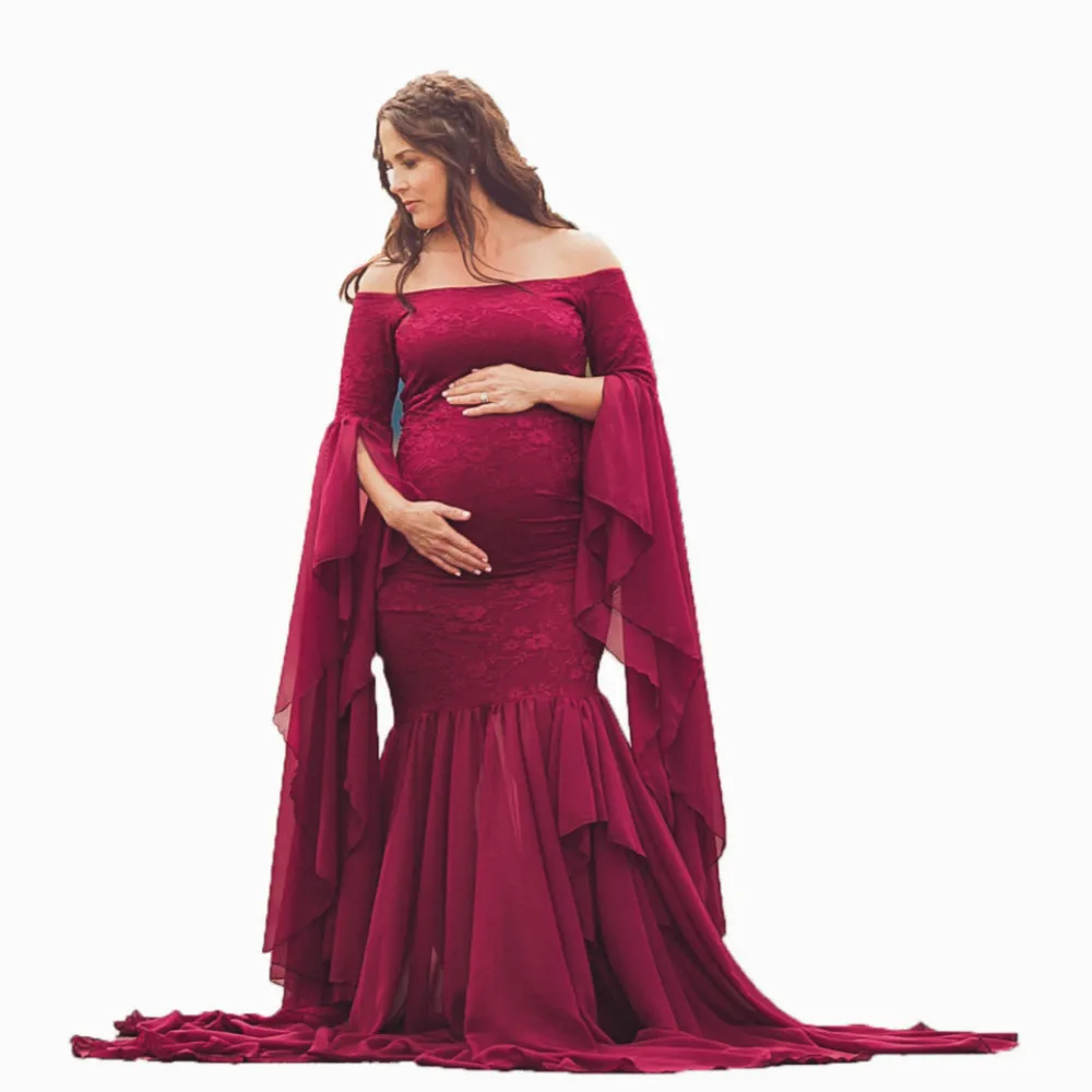 Костюм платье с кружевом для беременных женщин одежда длинными рукавами длинное