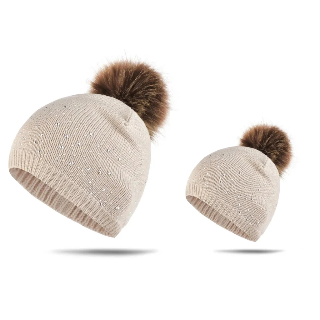 PPXX/детская зимняя шапка с меховым помпоном Семейные комплекты для мамы и дочки