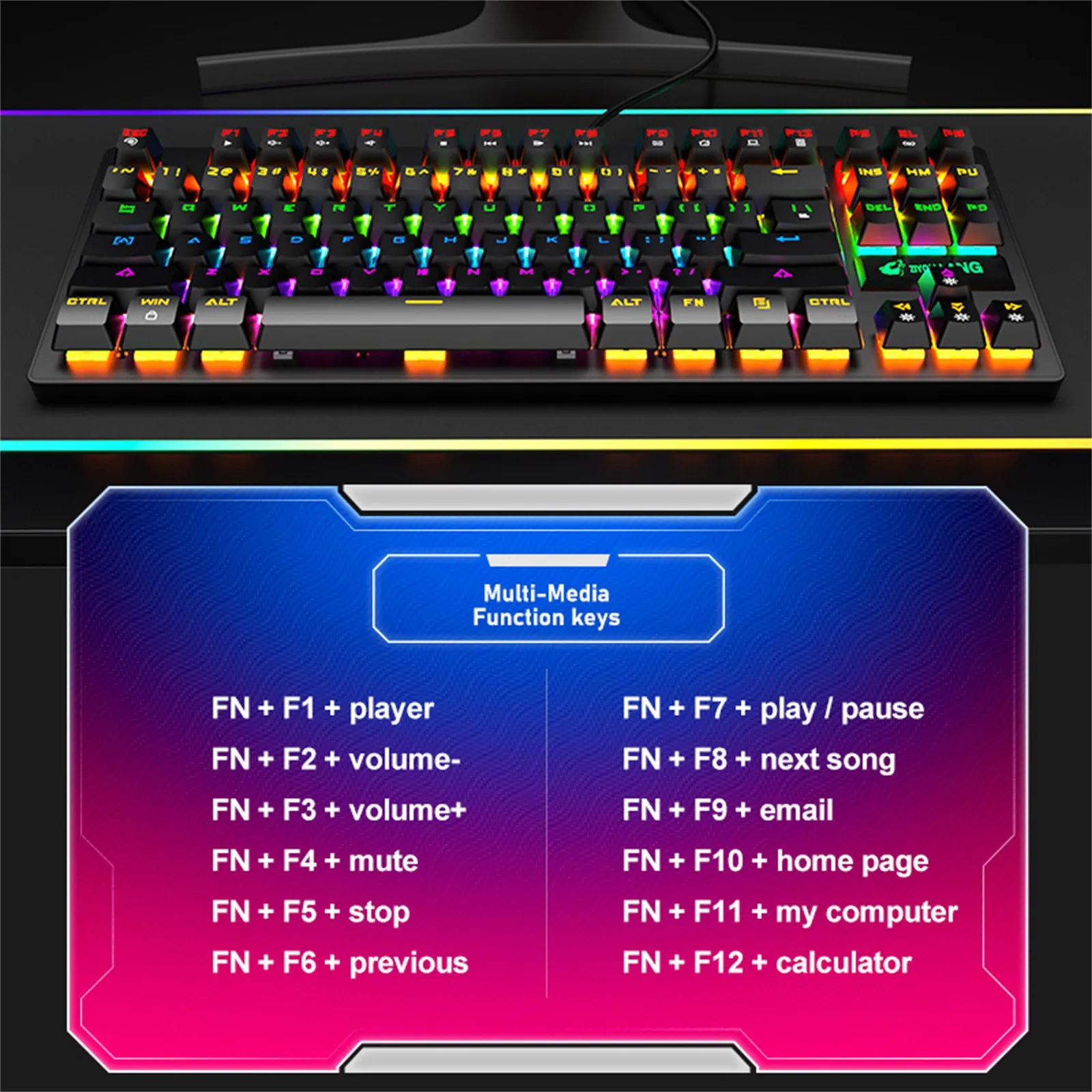 

NSSD Office Gaming Keyboard K2 Mechanical Keyboard 87 Keys Layout LED Rainbow Backlit Blue Switches Wired Computer Acces