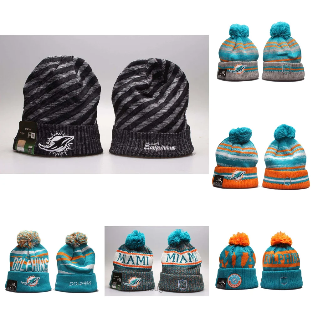 

Embroidery Miami Knitted Hats Women Men Winter Cap Warm Skiing Beanies Cuffed Dolphins Knit Hat With Pom