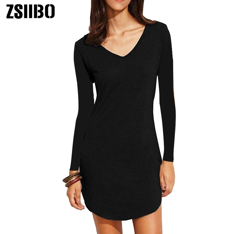 Black Long Sleeve ZSIIBO весна осень зима женские длинные с коротким рукавом облегающие рубашки мини платья Juniors платье Топ Прямая поставка - Цвет: Black Long Sleeve
