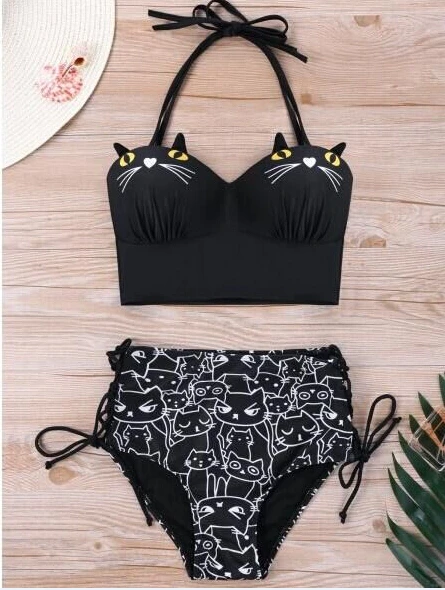 Новый женский Ретро купальник с высокой талией бандажный бретелькой через шею