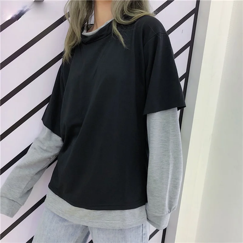 

Hoodies Women Fashion Harajuku Loose Patchwork Long Sleeve Pullovers Simple Chic Hip Hop Female Sweatshirt Soft Student