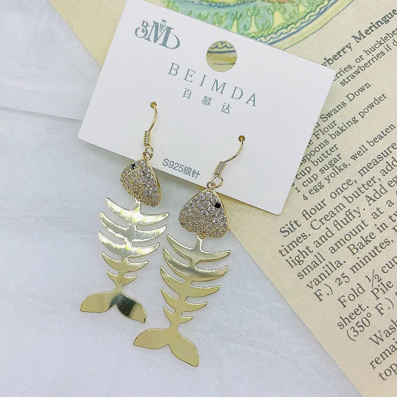 

High Quality Lovely Fish Bone Earrings for Women Long Gold Metal Earring 925 Silver Needles Ear Rings for Women Drop Shipping