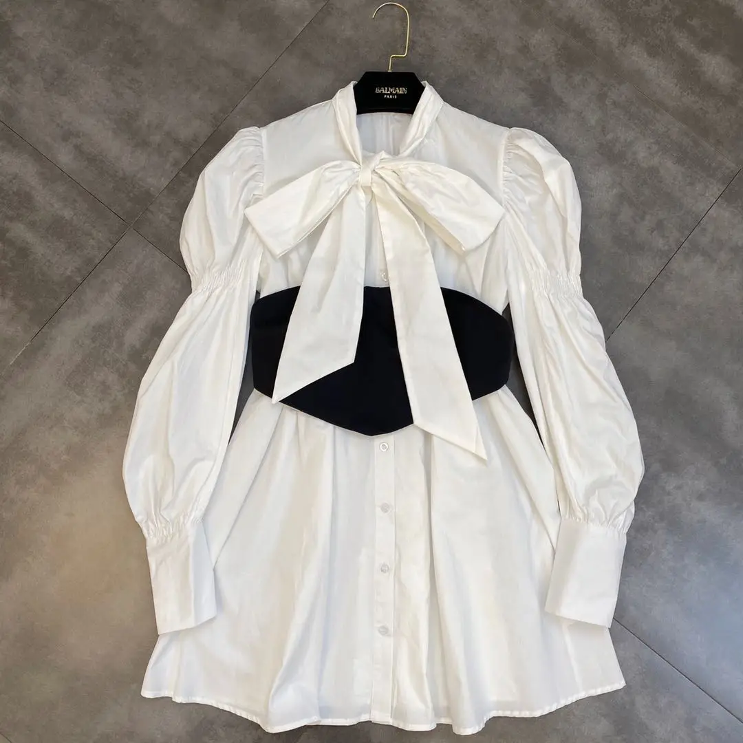

ZCSMLL 2021 весенне-осеннее Кружевное белое женское платье из двух частей с большими пышными рукавами-бабочками и запахом на талии контрастных ц...