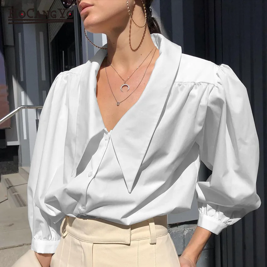 

New Fashion Lapel puff sleeve White shirt women spring cropped sleeve Chic V Neck Slim Button Shirt Elegant Top Casual Women