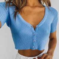 brandy sexy women button knitted short sleeve korean style ribbed summer crop top clothes tshirt shirt vintage t shirt clothing