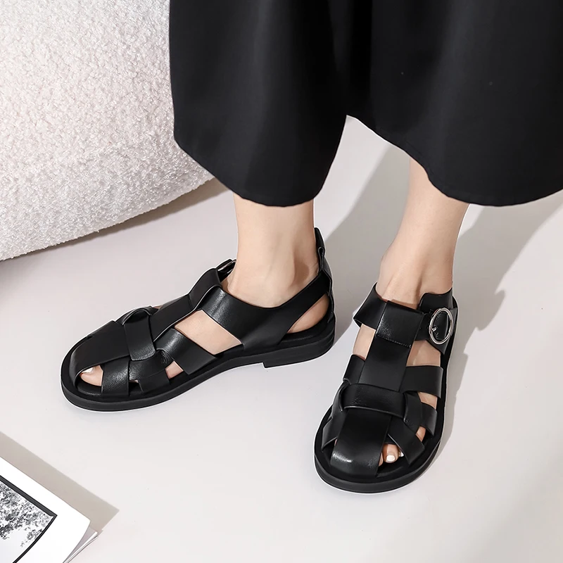 

TAOFFEN 2021 New Women Real Leather Shoes Summer Sandals Buckle Strap Hollow Out Beach Sandals Cool Ladies Footwear Size 34-42