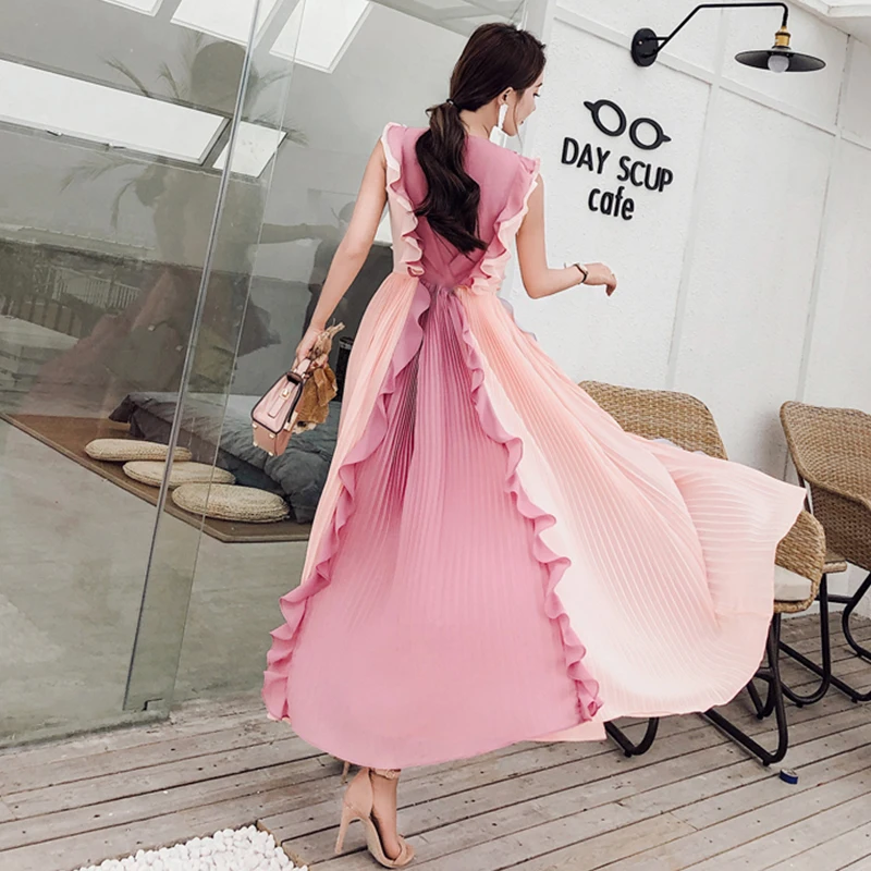 Runway Women Long Ruffles Party Dresses Elegant Hit Color Patchwork Pleated Summer Dress Sleeveless Maxi Vestidos | Женская одежда