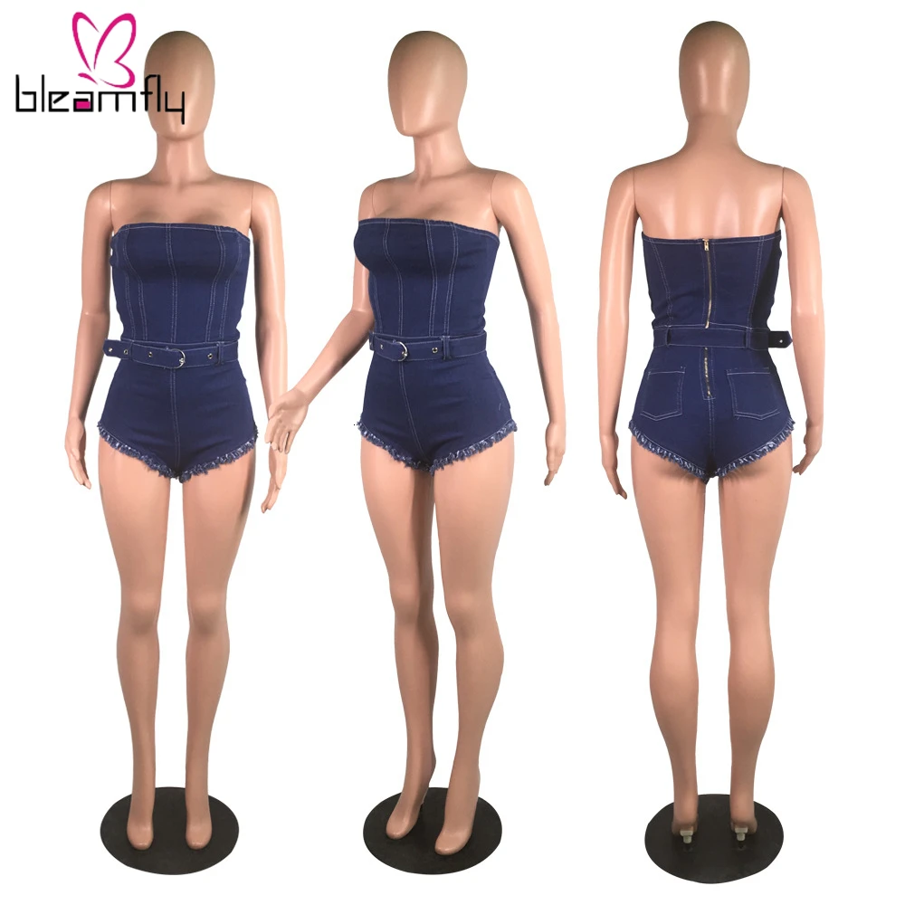 Женский Летний комбинезон без бретелек с высокой талией облегающий джинсовый