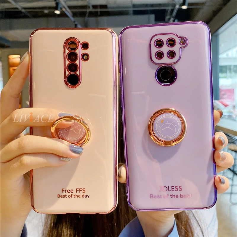 luxury plating silicone ring holder phone case for xiaomi redmi note 11 10 9 8 7 5 pro 8t redmi 9 9c 9a 8 stand coque cover free global shipping