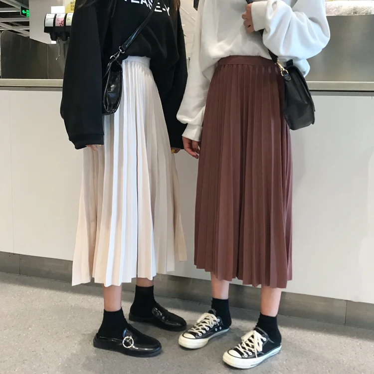 

NEW Women Winter Draped Rib Pleated Skirt Elastic High Waist Long Skirt Female Autumn Ladies High Quality Midi Skirt Saia