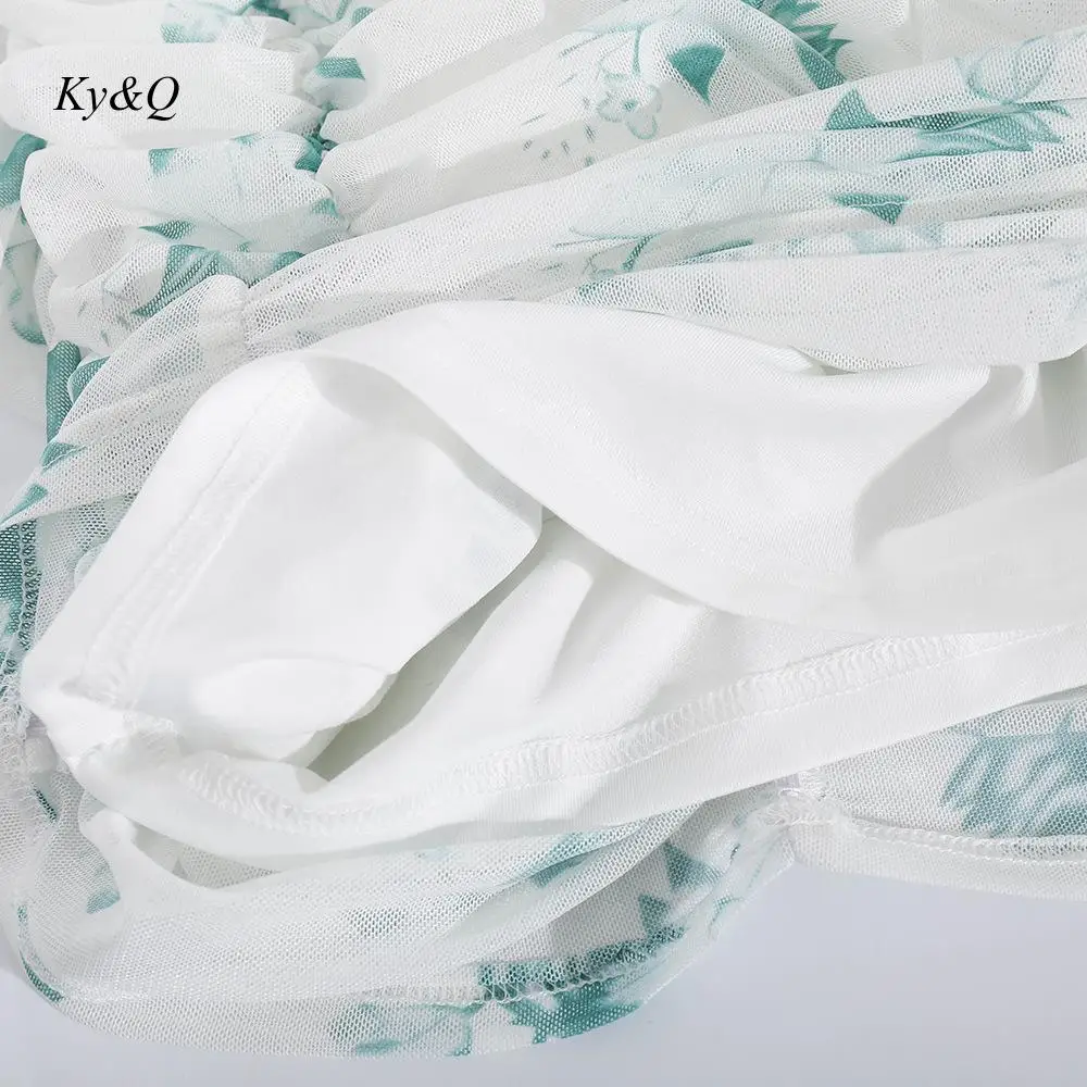 

2021 Spring Summer Mesh Spaghetti Straps Mini Dress Women Elegant Slim Sleeveless Backless Fit Floral Print Ruched Dresses Green