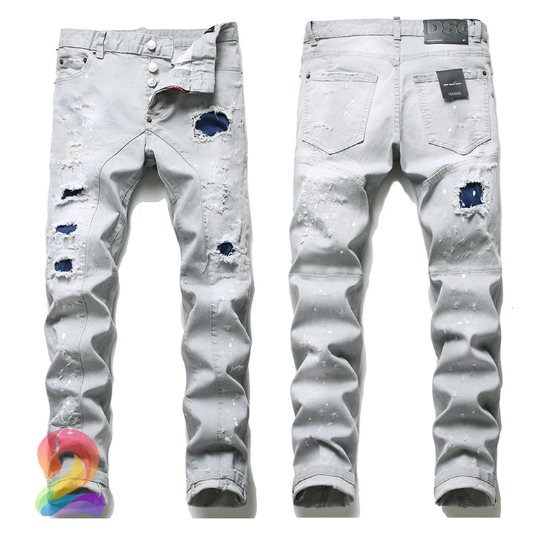

White DSQ2 Denim Pants High Quality Light Color Slim Fit Ripped Patch Dsquared2 Jeans for Men