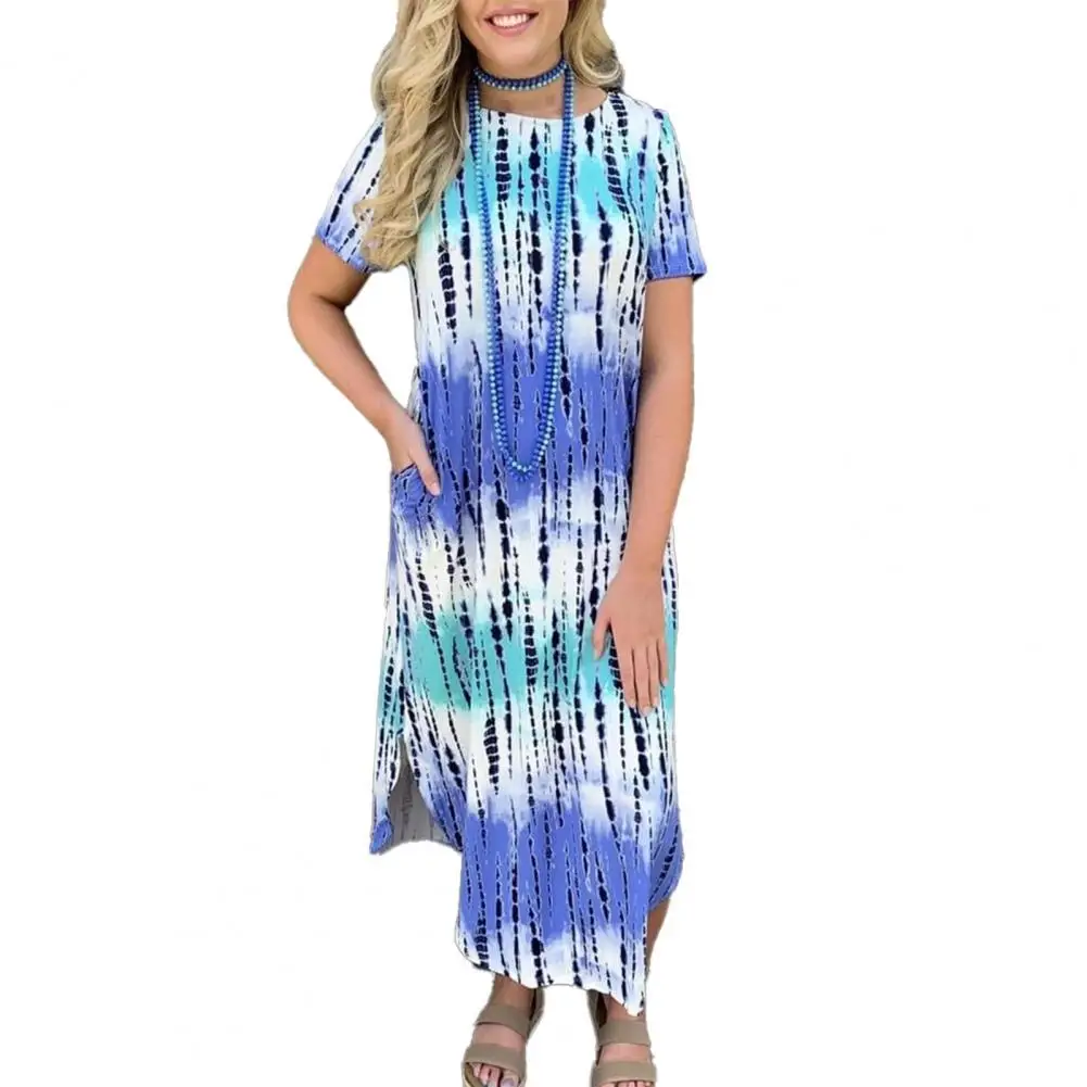 

Summer Dress Women Dresses Bohemian Women Dress Tie Dye Print Loose Summer Short Sleeve Split Hem Streetwear robe femme
