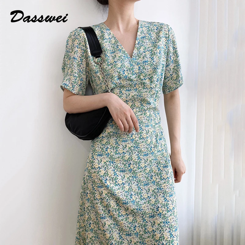 

Модное летнее шифоновое платье DASSWEI с принтом для женщин, Повседневное платье-миди с пышными рукавами и V-образным вырезом, женское винтажно...