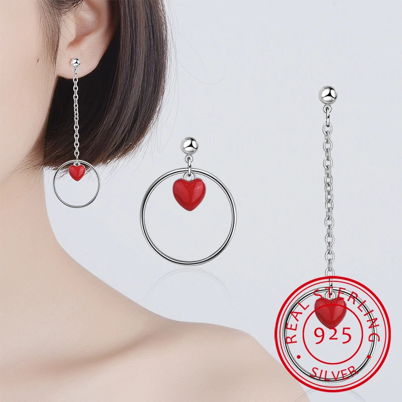 

New Fashion 925 silver needle Tassel Earrings For Women Girl Asymmetric Red Heart Circle Earrings oorbellen S-E495