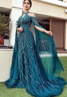 arabic aso ebi evening dresses long luxury 2021 halter prom gowns beaded tulle dress for women party with sleeves ev140