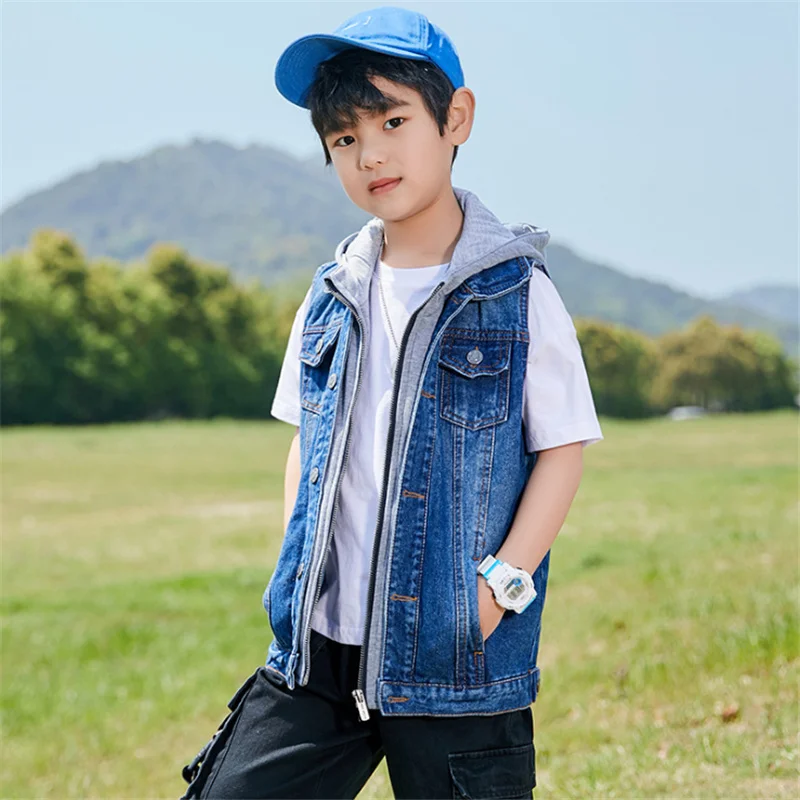 Акция новые детские джинсовые жилеты для мальчиков повседневные однотонные с