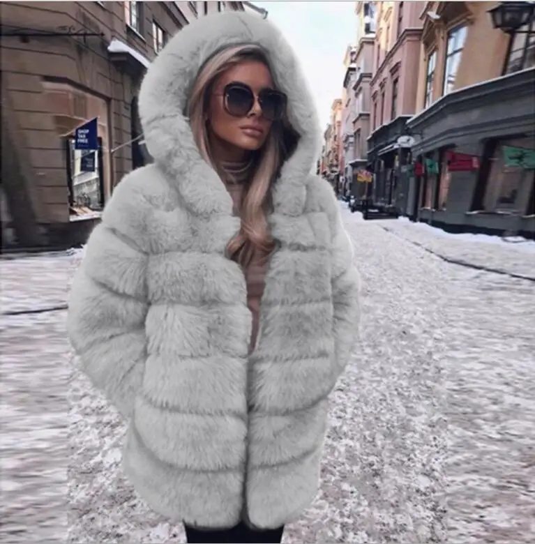 light gray color Зимнее пальто из искусственного меха, новое модное пальто для женщин, средний стиль, воротник-стойка, Лисий мех, свободные куртки из искусственного меха размера плюс S-4XL - Цвет: light gray color